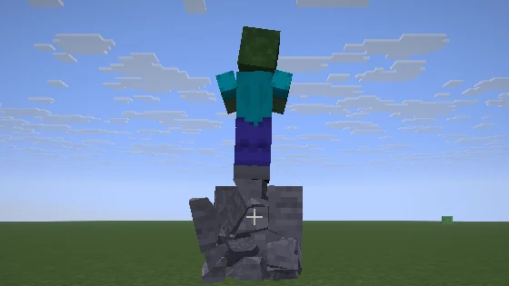 Minecraft 월드에서 좀비 아래의 돌 블록이 조각나 부서지는 장면.