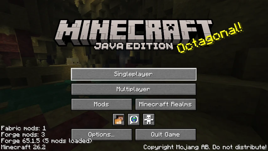 Minecraft 타이틀 화면 왼쪽 아래에 "Fabric mods: 1", "Forge mods: 3" 줄이 표시된 모습.